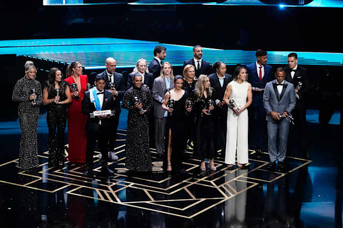 Multiple award winners pictured on stage during the ceremony for The Best FIFA Football Awards 2023